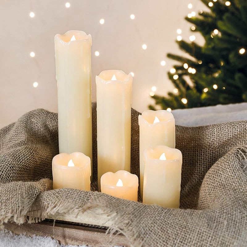 Festive Lights Cream Real Wax Pillar Candles 6 LED Dripping Tealight Set