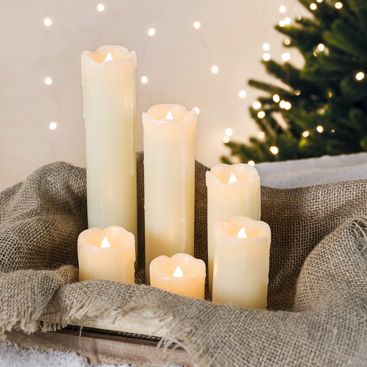 Festive Lights - Set of 6 Cream Real Wax Pillar Candles - Warm White Flickering LED, Dripping Tear Effect, Batteries Included - Indoor Home, Wedding, Event Decor, Flame-Free Authentic Mood Lighting