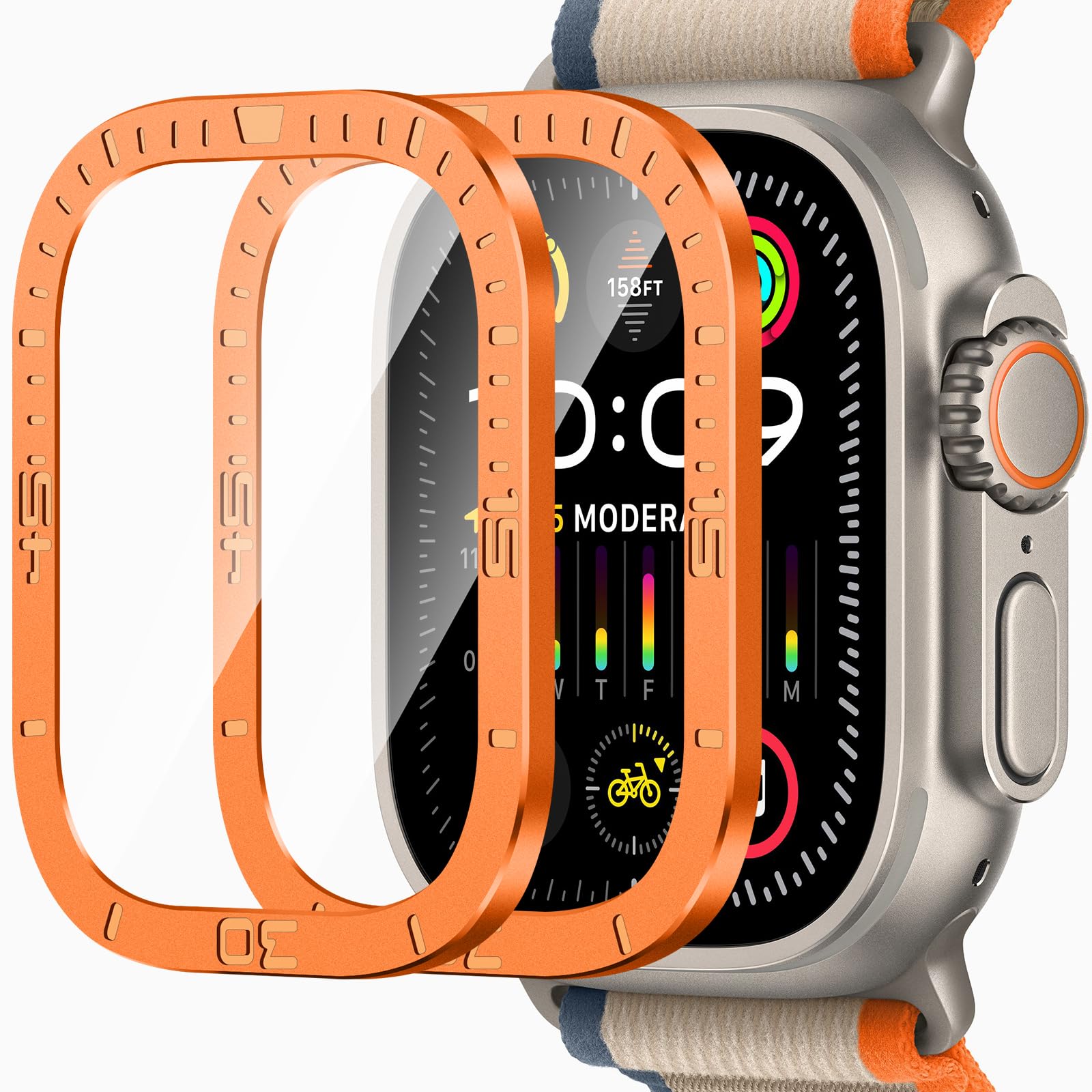 ZZDZZ 2 Pack for Apple Watch Ultra 2/Ultra Screen Protector 49mm, [Touch Sensitive] Titanium Alloy Frame Anti-Scratch HD Tempered Glass Protective Glass Film for iWatch 49mm (Numeric Orange)