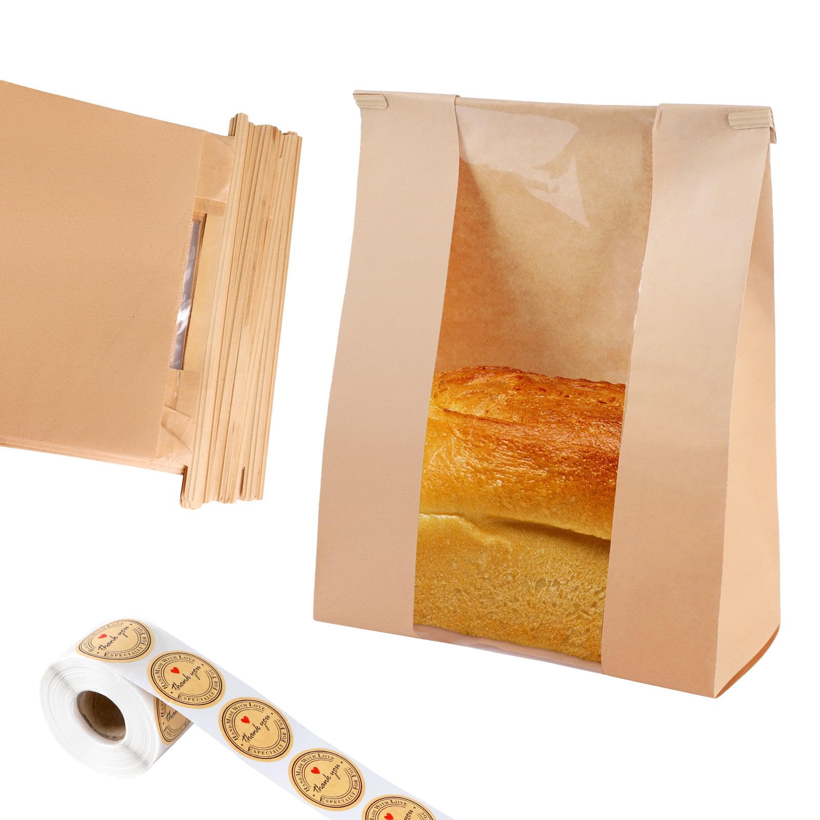 Photo 1 of Dualshine 100 Pcs Bread Bags for Homemade Bread Sourdough Bags Paper Kraft with Window 14" x 8.3" x 3.5" with Tin Strip and 500 Pcs Seal Stickers for Cookies Coffee Beans and Bakery