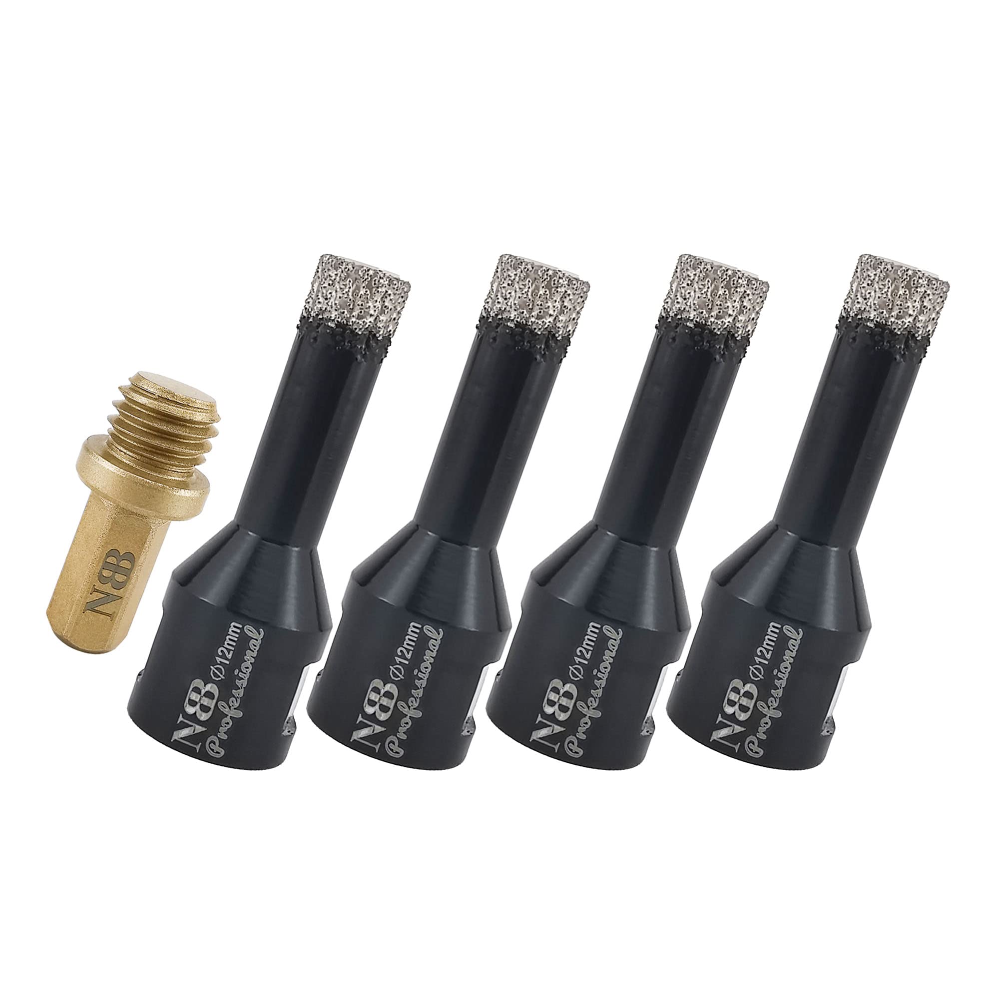 NBB Vacuum brazed Diamond Hole Saw with M14, for Dry or Wet Drilling Professionally on Hard Porcelain, Ceramic, Tile, Granite, Marble, Fast, Durable, for Angle Grinder (12mm x4pcs + 1pc Adaptor) — image 1