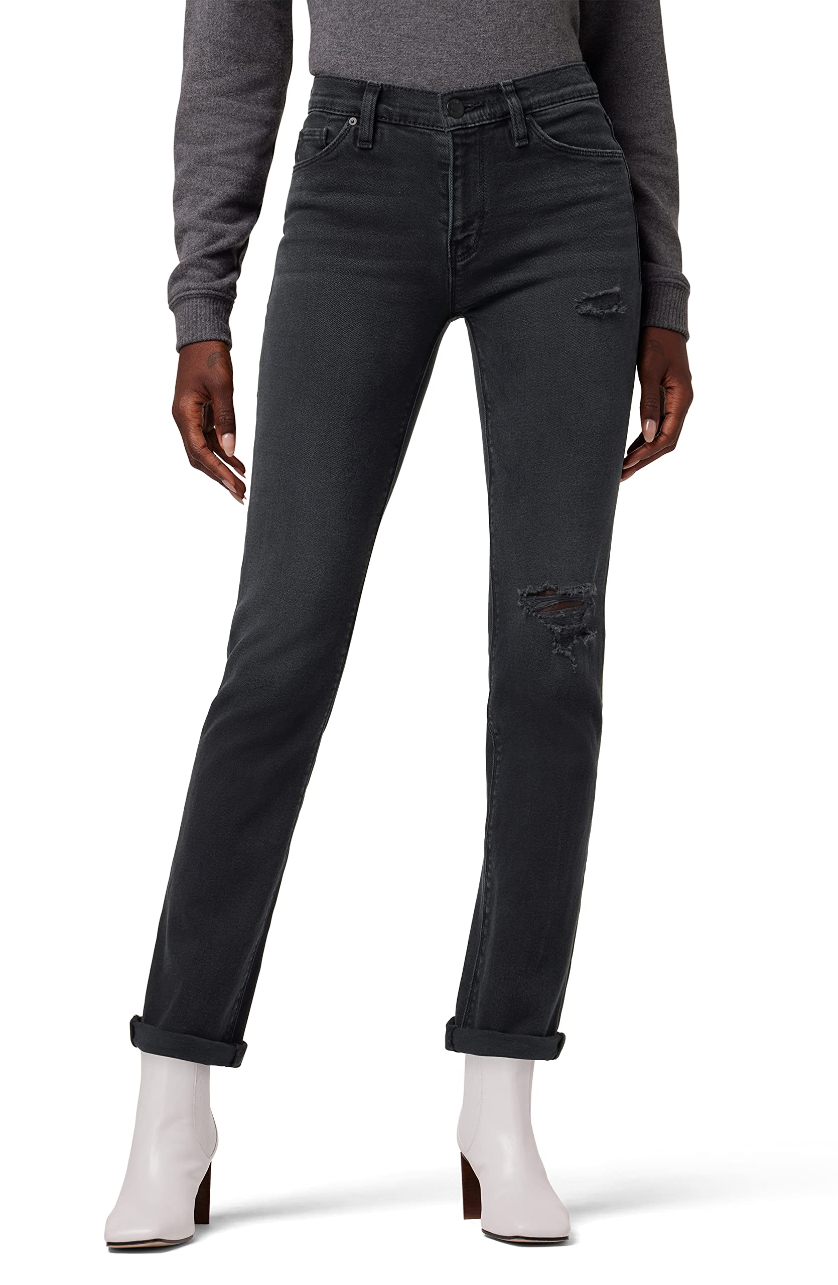 Hudson Women’s Nico Mid-Rise Straight Leg Ankle Jean, Black Ash Destruct, 24