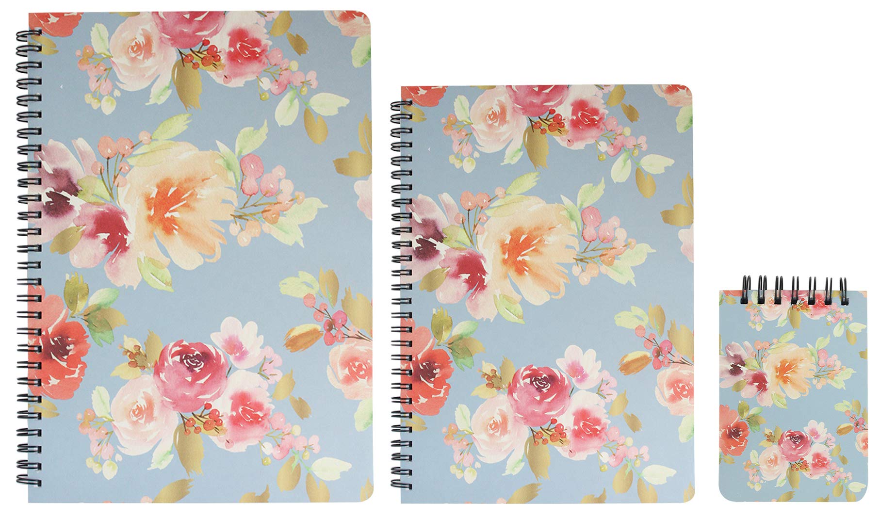 Emartbuy Floral Hard Cover Spiral Exercise Book Diary Notebook Notepad Writing Journal Ruled B5, A5, A7 Size 80 Sheets (160 Pages) - Blue, Set of 3