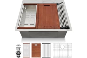 Lordear Drop In Kitchen Sink 25 Inch Stainless Steel Drop In Workstation Sinks 16 Gauge Ledge Workstation 25x22 Drop-in Topmount Single Bowl Kitchen Sink With Accessories