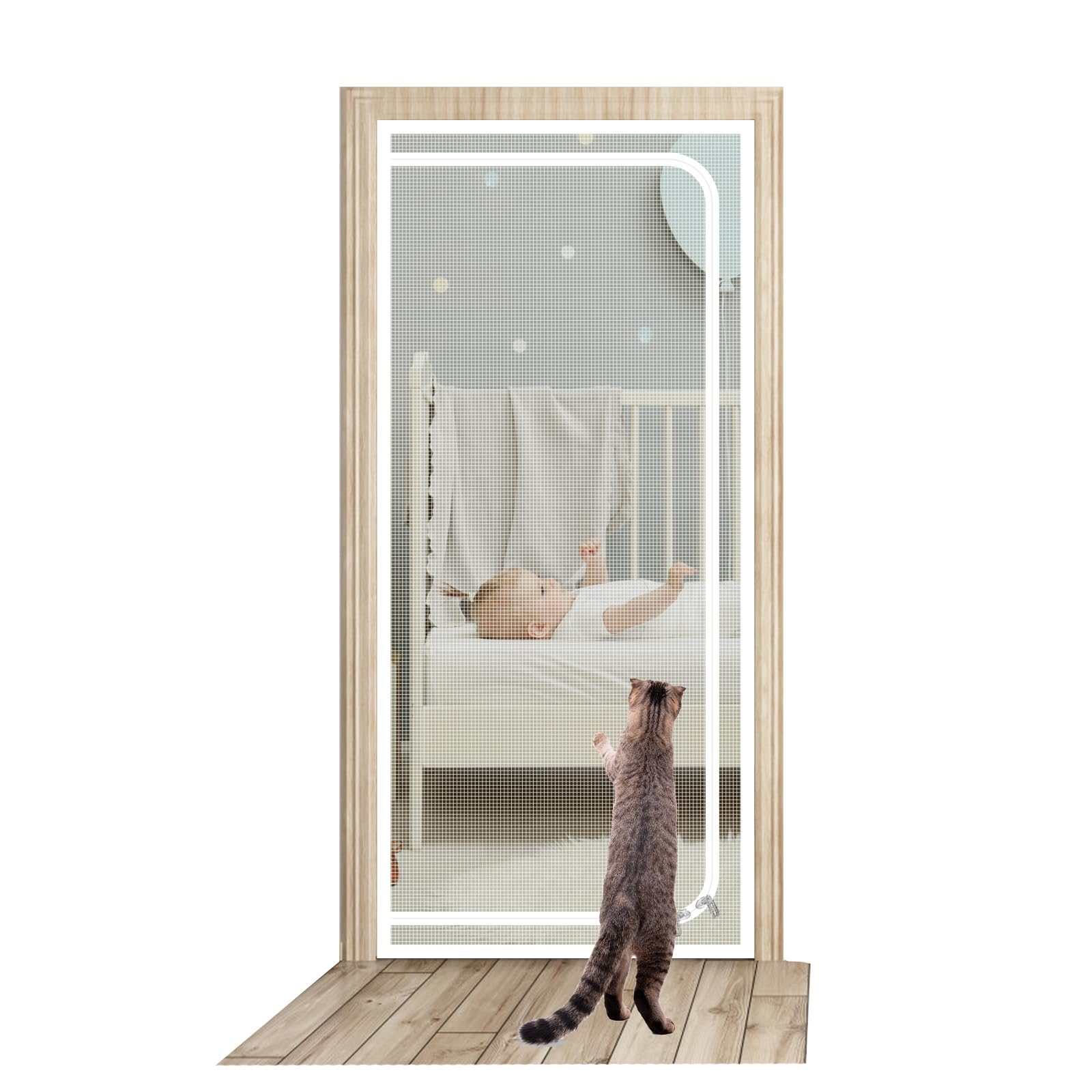 Cat Proof Screen Door, 31.5x78.7 Inch Thicken Pet Door With Zipper - Anti-Cat Resistant Mesh for Stopping Cats Running Out (White)