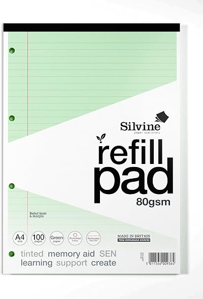 Silvine A4 Green Paper Dyslexia Refill Pad 100 Pages Lined Margin
