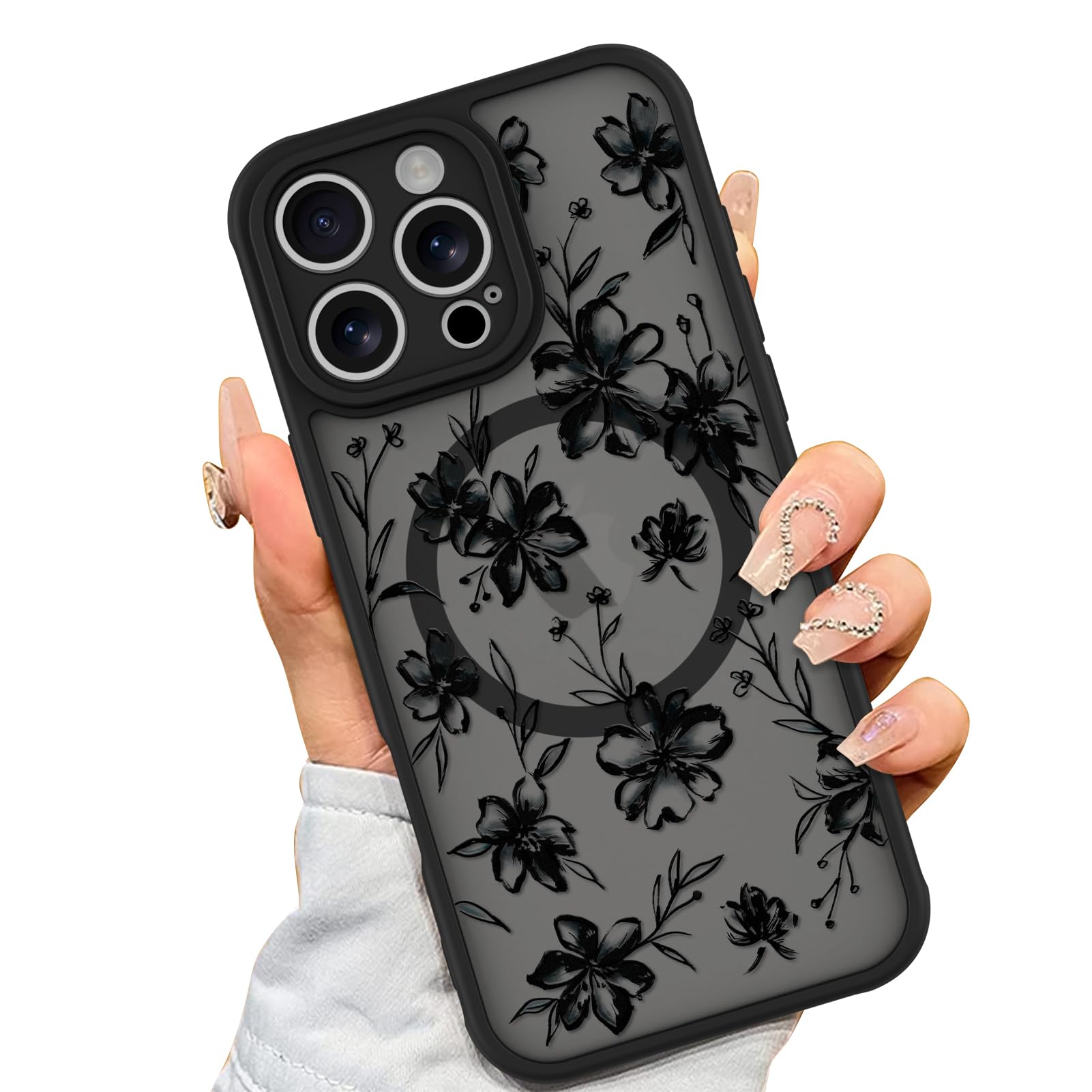 AIGOMARA Case for iPhone 16 Pro Max [Compatible with MagSafe] Ink Flower Floral Pattern Design for Women Girls Soft TPU Bumper Hard PC Back Anti-Fall Shockproof Protective Slim Magnetic Cover