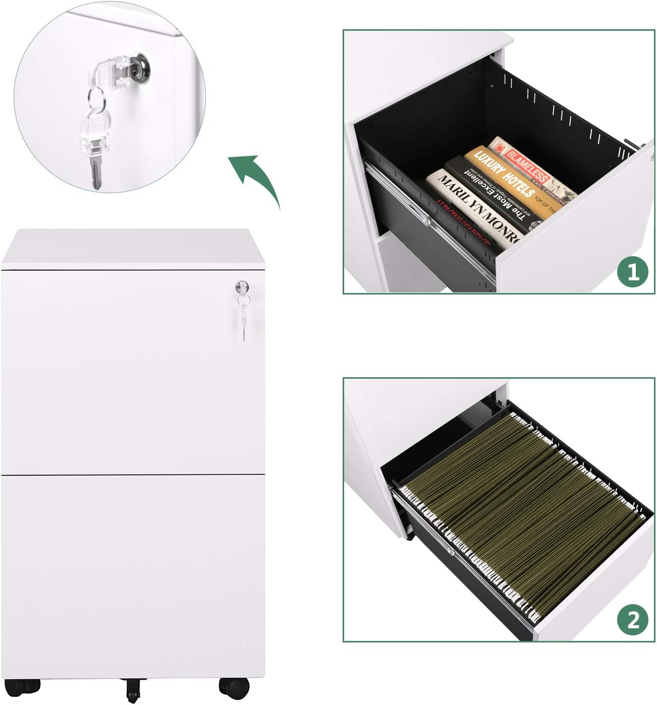 Devaise Locking File Cabinet White 2 Drawer Rolling Metal Filing Cabinet Fully Assembled Except Wheels Vertical File Cabinets