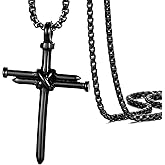 JUNOVUROS Nail Cross Necklace for Men Stainless Steel Religious Retro Nail Cross Pendant Necklace, 18 to 28 Inch Rolo Chain, Silver/Gold/Black