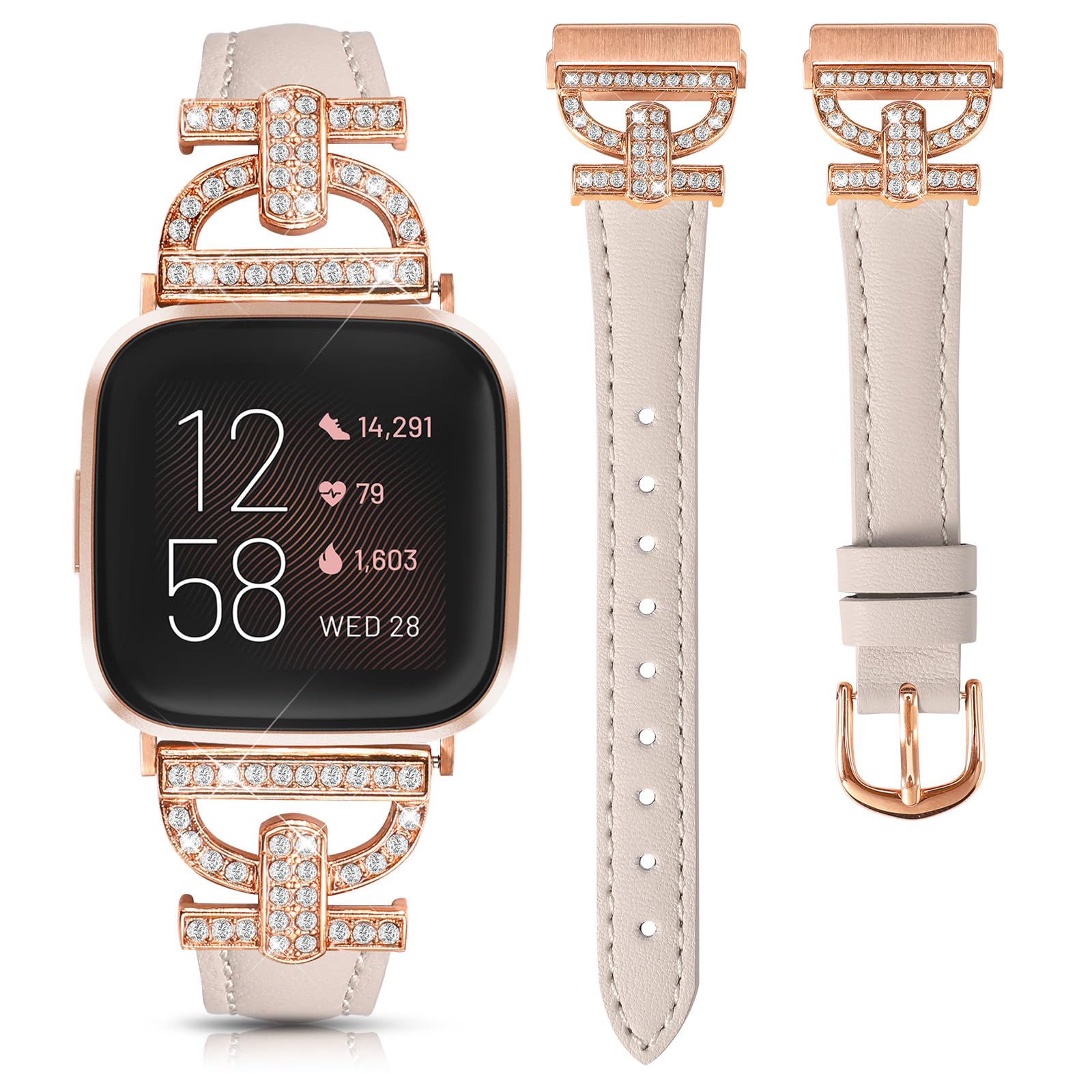 TOYOUTHS Genuine Leather Straps Compatible with Fitbit Versa 2 Straps/Versa/Versa Lite, Women Slim Dressy Strap D-Shaped Metal Buckle Rhinestones Luxury Bracelet for Versa 2, Starlight+Rose Gold