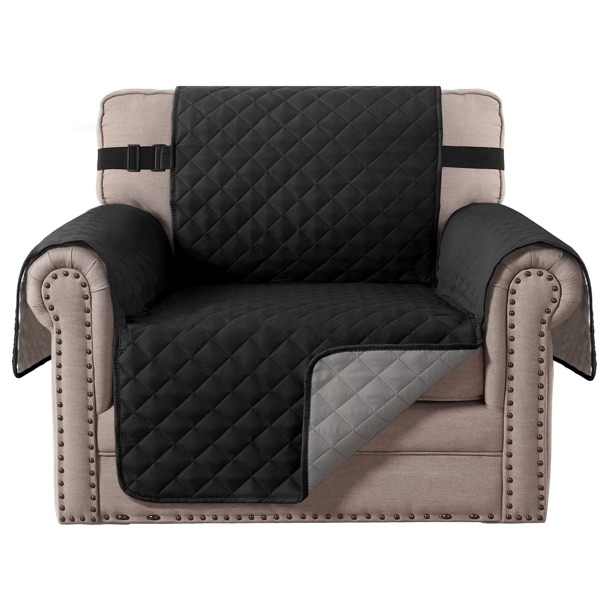 BellaHills Sofa Cover Reversible Armchair Covers Water Repellent Sofa Slipcover from Pets Couch Covers for Cats Checked Pattern Thick Quilted with Elastic Strap (Chair, Black/Grey)