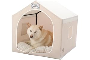 Jiupety Indoor Dog House with Frame, Cute Dog Tent Bed with Cover Cave, Breathable, Washable, and Foldable House, Suitable for 20-40 Lb, Large (25"×25"×25"), Beige