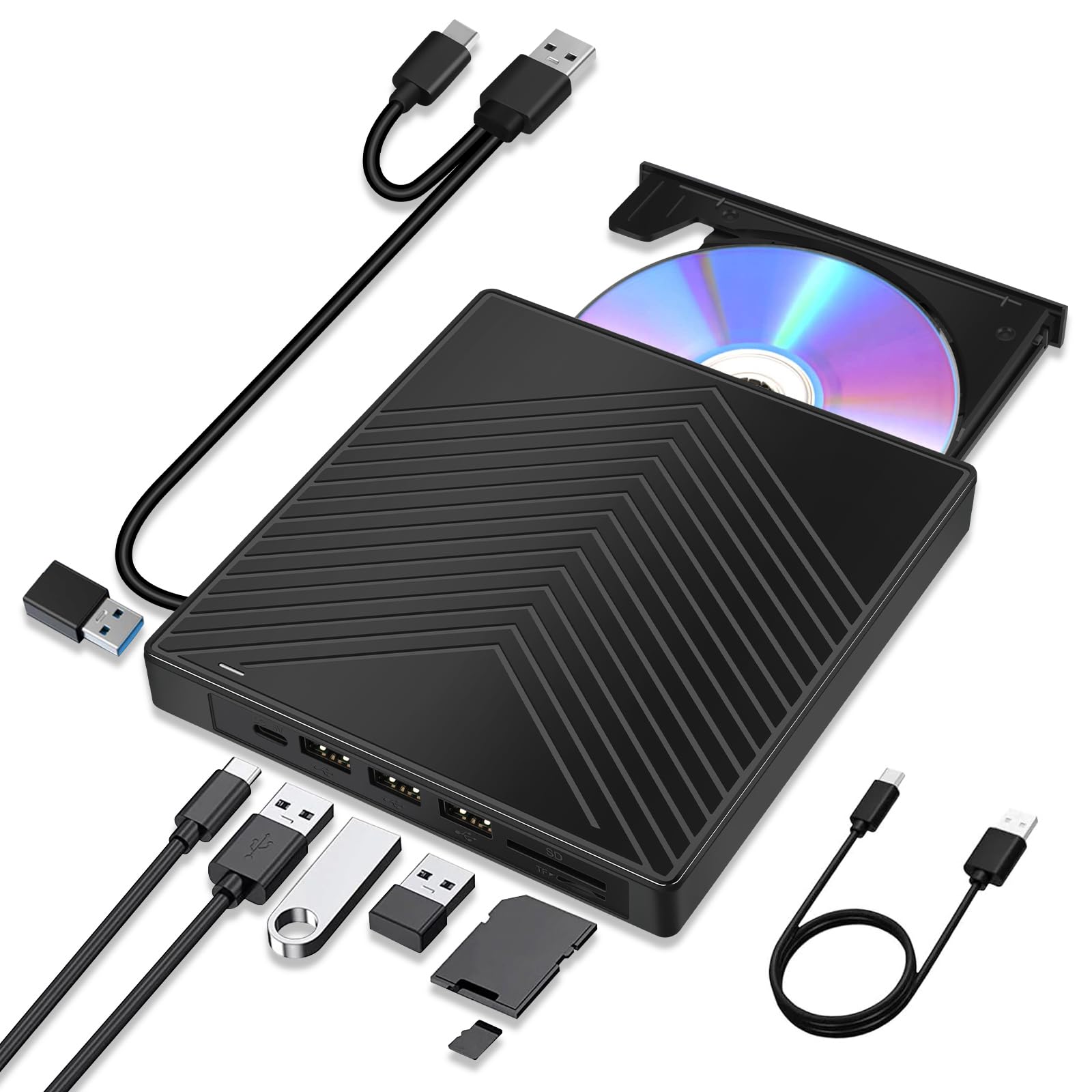 7 in 1 External CD DVD Drive for laptop Windows 11 10, USB 3.0 and Type-C Portable CD DVD +/-RW ROM Drive Reader Burner Rewriter with SD/TF Slot,4 USB & USB-C Port, Slim DVD Player for Linux, Mac OS