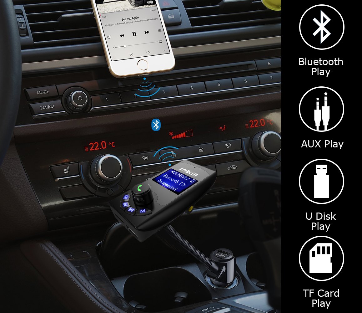 Lobkin Wireless In-Car Bluetooth FM Transmitter Radio Adapter Car Kit With USB Charger Support USB Flash Drive Micro SD Card AUX Input 2017 Model