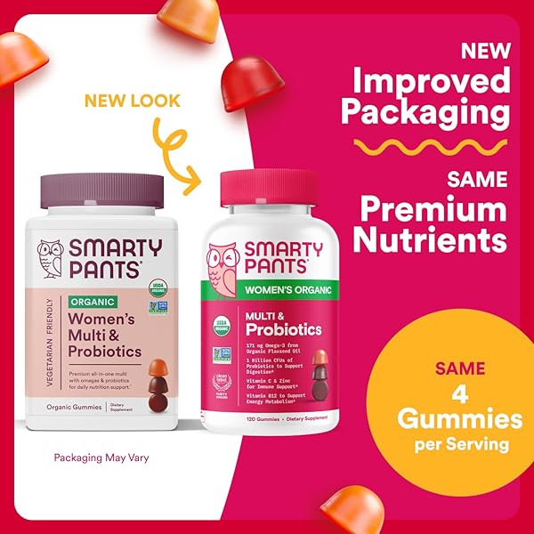 SMARTYPANTS ORGANIC WOMEN’S MULTIVITAMIN GUMMIES: BIOTIN, PROBIOTICS, METHYLFOLATE, OMEGA 3 (ALA), VITAMIN D3, C, VITAMIN B12, B6, A, K & ZINC, INOSITOL, GLUTEN FREE, 120 COUNT (30 DAY SUPPLY)
