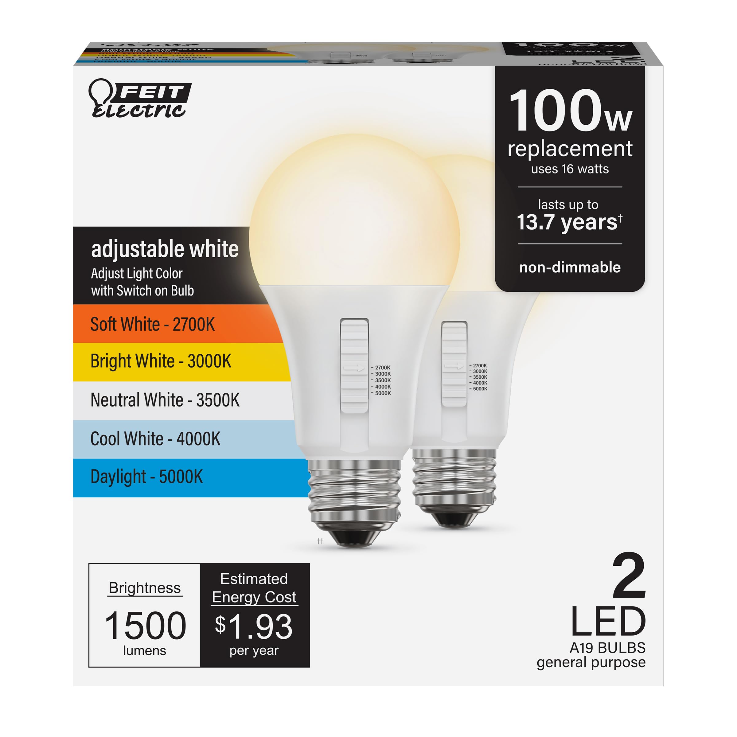 Photo 1 of Feit Electric A19 LED Light Bulb, 100W Equivalent, Non-Dimmable, 5CCT, E26 Medium Base, 90 CRI, 1500 Lumens, Adjustable White, 13.7 Years Lifetime, 2 Pack, OM100/5CCT/15KLED/2