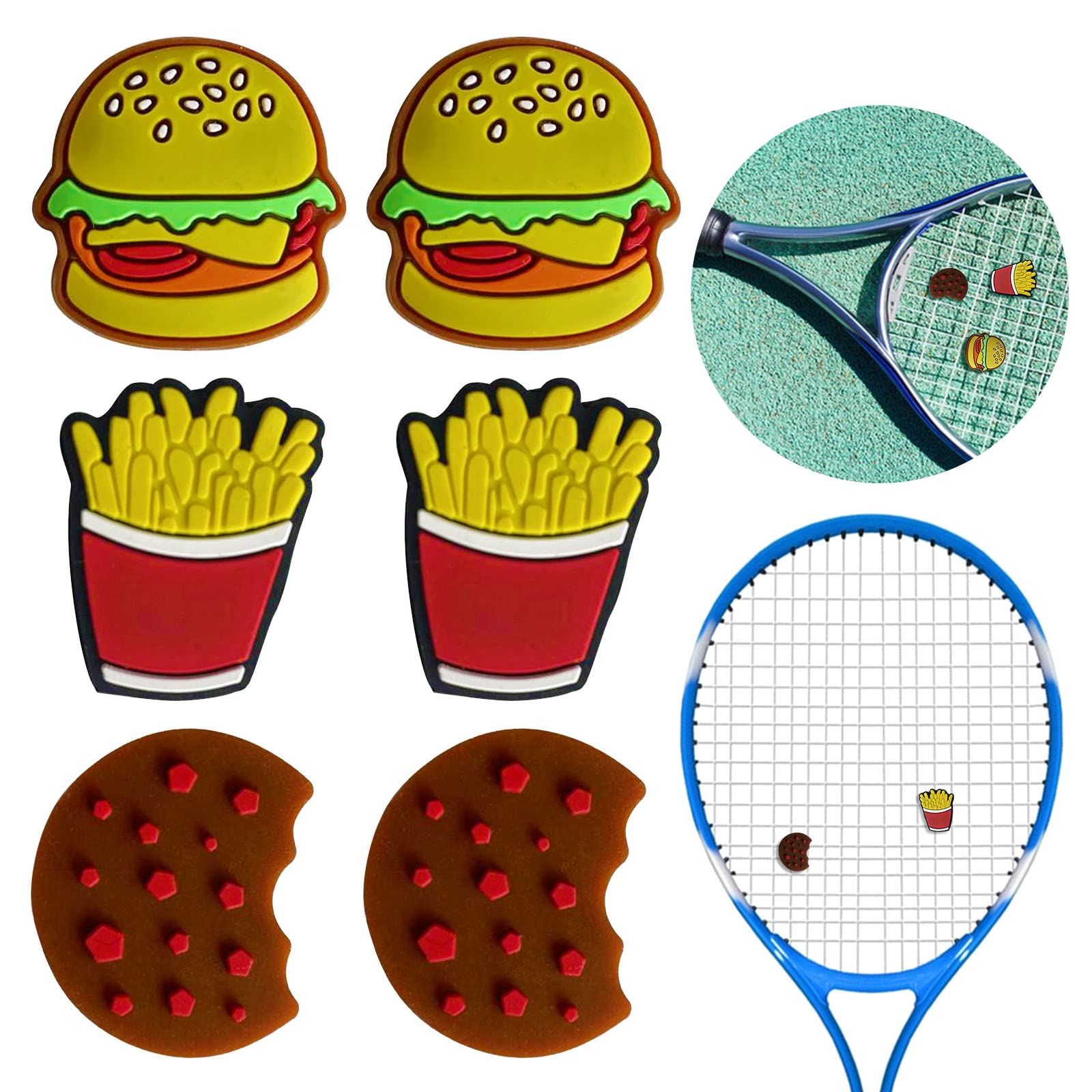 DBAILY Tennis Dampener, 6pcs Racket Vibration Damper Shape Cute Practical Silica Gel Personality Damping Burger Cake Fries For Outdoor Tennis