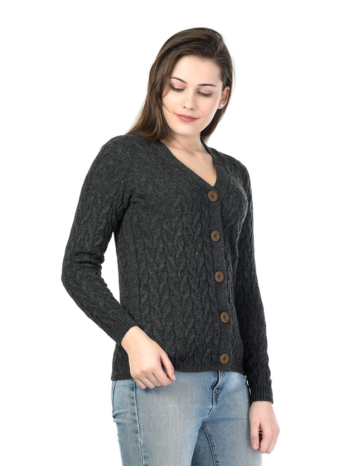 kalt women's full sleeves cable button acrylic sweater