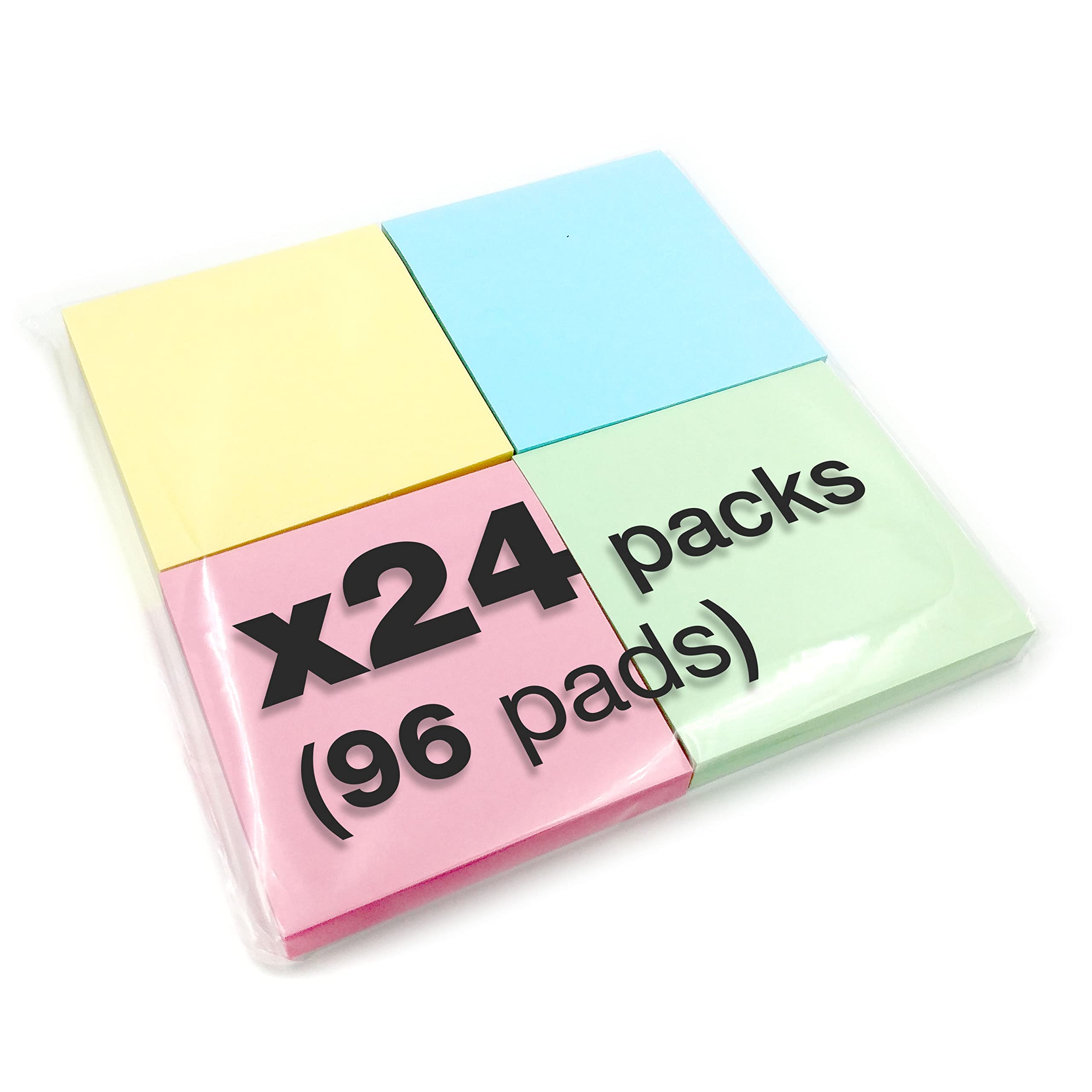 24 x 400 Quality Pastel Colours Removable Sticky Notes 76x76mm 96 Pads of 100 Sheets - Blue, Pink, Green, Yellow