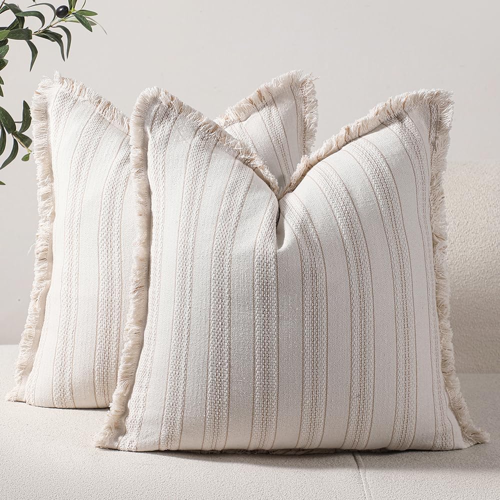 Striped Farmhouse Pillow Covers 20x20 Set of 2 Khaki and Beige Throw