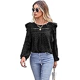 Women's Long Sleeve Blouse Loose Casual Crewneck Shirts Boho Floral Swiss Dot Ruffle Tops 2026 Spring Dressy Tunic