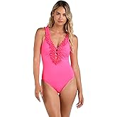 La Blanca Womens Island Goddess Ruffled Plunge One Piece Swimsuit