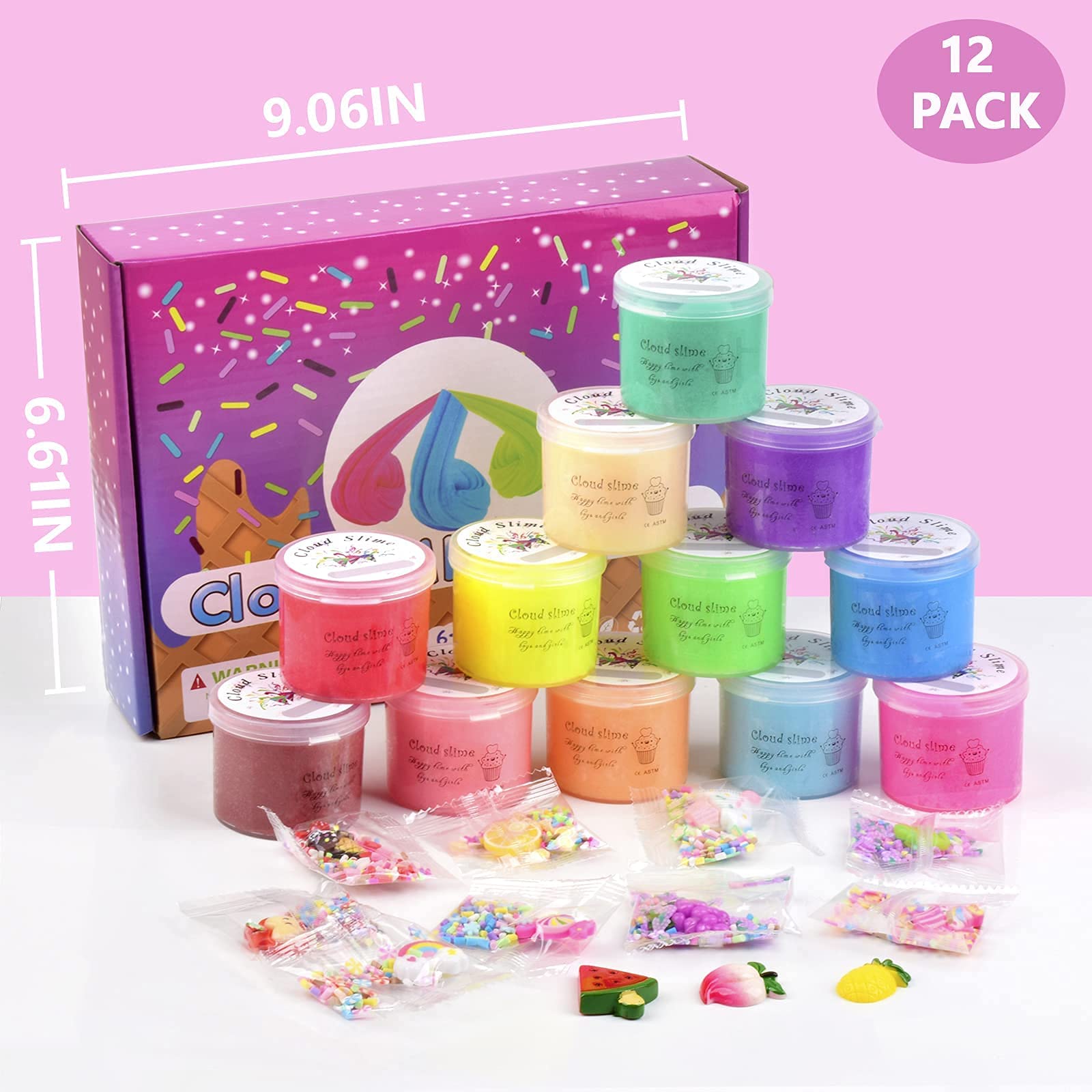 12 Pack Cloud Making Slime Kit, with Rainbow Cake Watermelon Grapes Butter Slimes Charms, Slime for Girls and Boys, Stress Relief Toy for Kids Education, Party Favor, Gift and Birthday