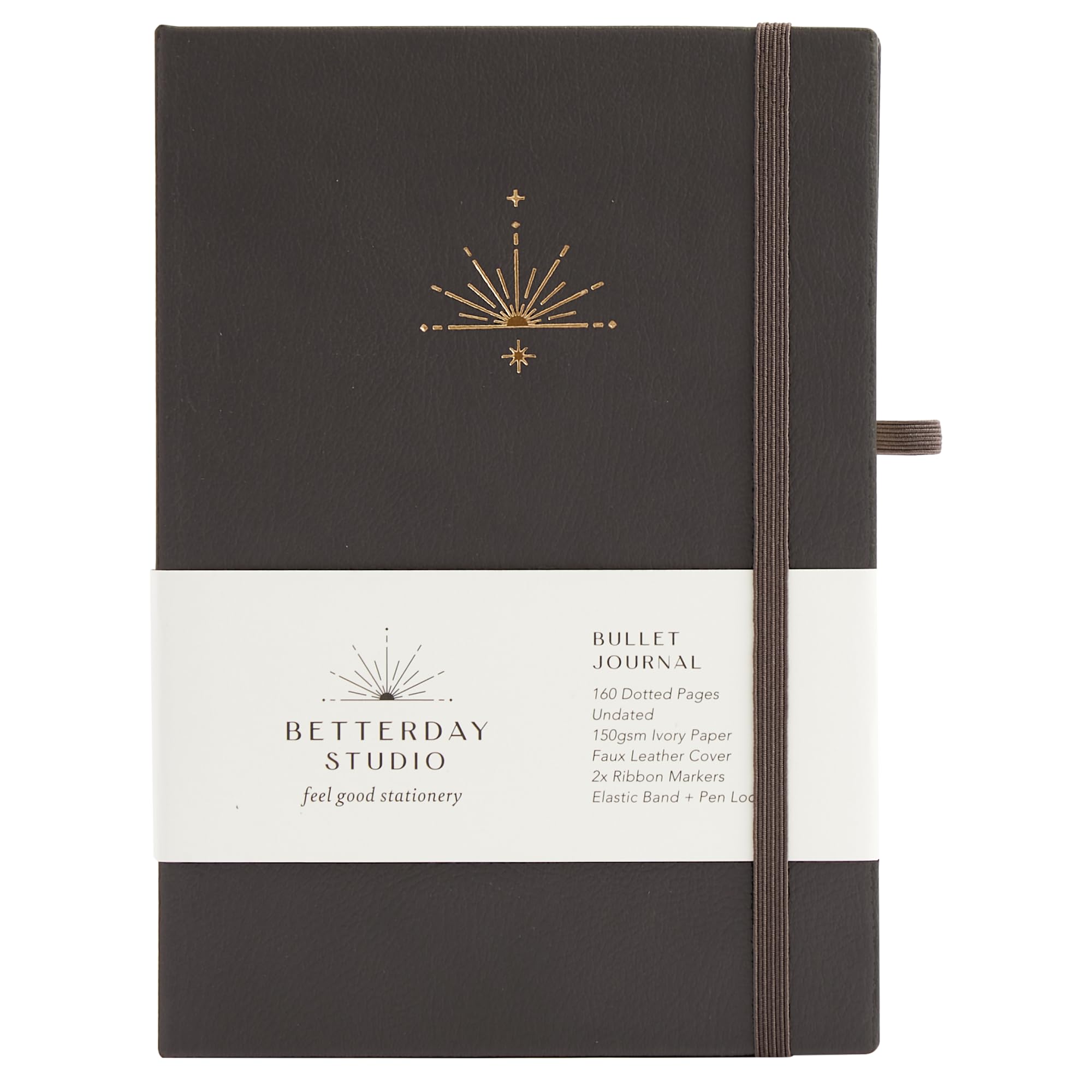 Betterday Studio - Undated Bullet Journal - 160 Dotted Pages with Faux Leather Cover, 2x Ribbon Markers for Bookmarking, Journal with Pen Loop, Journal Notebook for Scribbling - Charcoal Grey