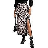 Verdusa Women's Lace Leopard Thigh Slit Maxi Skirt Rave High Waisted Long Skirts Concert Outfits
