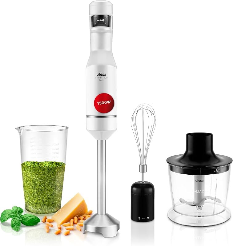 Batidora de Mano Stellar Max TouchSpeed 1500W, Pantalla Digital, Velocidad Táctil Variable, 4 Cuchillas Alta Eficiencia, Ergonómico, Antisalpicaduras, Vaso Medidor, Emulsionador y Picadora