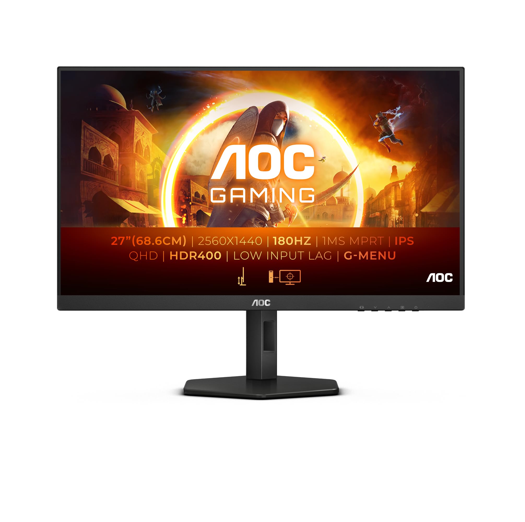 AOC Gaming Q27G4XD 27 Inch Quad HD Monitor, 180 Hz, 1 ms, FreeSync. Prem., G-Sync Comp., HDR400 (2560x1440, 2x HDMI 2.0, 1x DisplyPort 1.4, USB Hub) Black