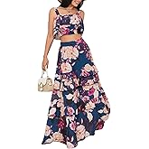 SOMTHRON Women's Summer 2 Piece Outfits Floral Print Strap Crop Tops Tiered Ruffle Skirt Sets Maxi Long Dress