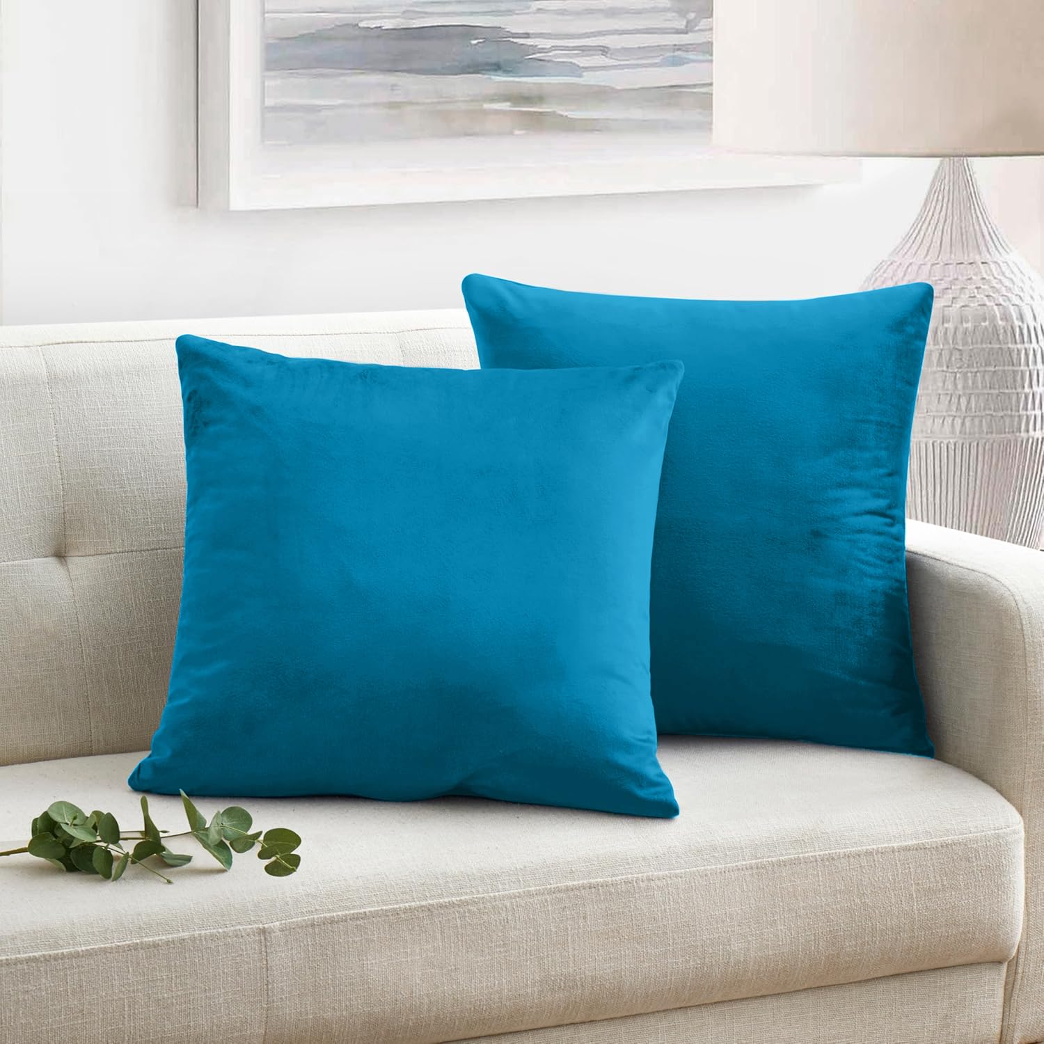 Oxford Homeware Turquoise Velvet Cushion Covers 45 x 45 cm (Pack of 2) Square Throw Pillow Cases Decorative Sofa Cushion Covers for Bedroom Couch Car with Invisible Zipper (18 x 18 Inch) — image 1
