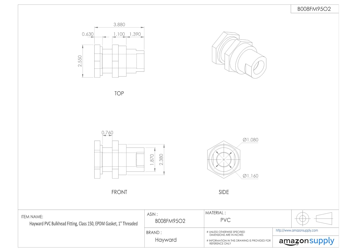 Compression Bulkhead Fittings Hayward BFA1010TES Series BFA Standard