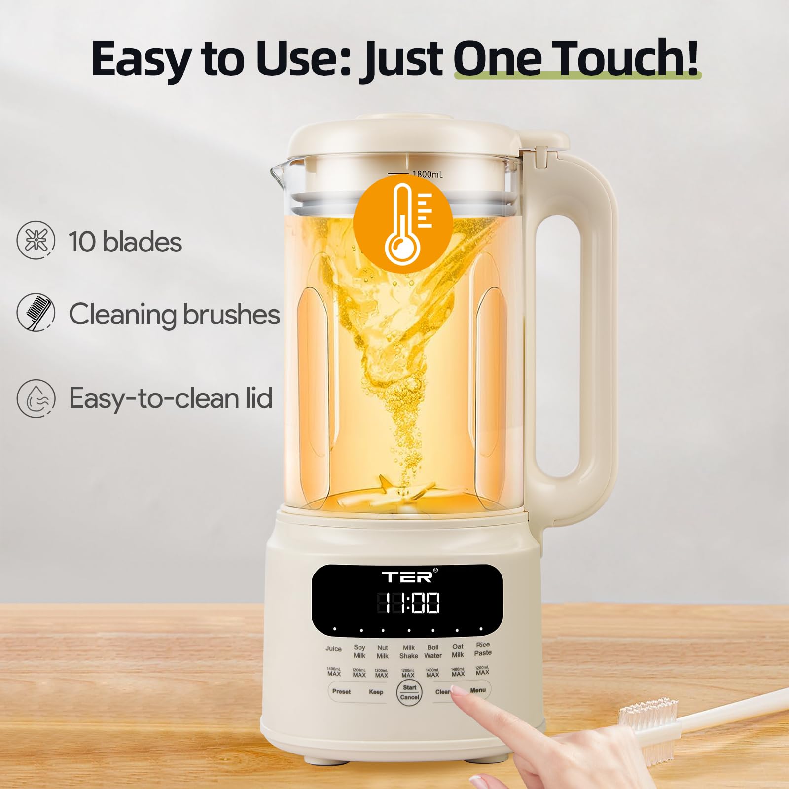 TER Máquina para hacer leche de nueces, 10 en 1 para hacer leche de soja, almendras/avena/leche de soja, jugo, batido, pasta de arroz, limpieza automática/tiempo preestablecido de 24 horas/12 horas para mantener caliente, con 7 accesorios, color beige