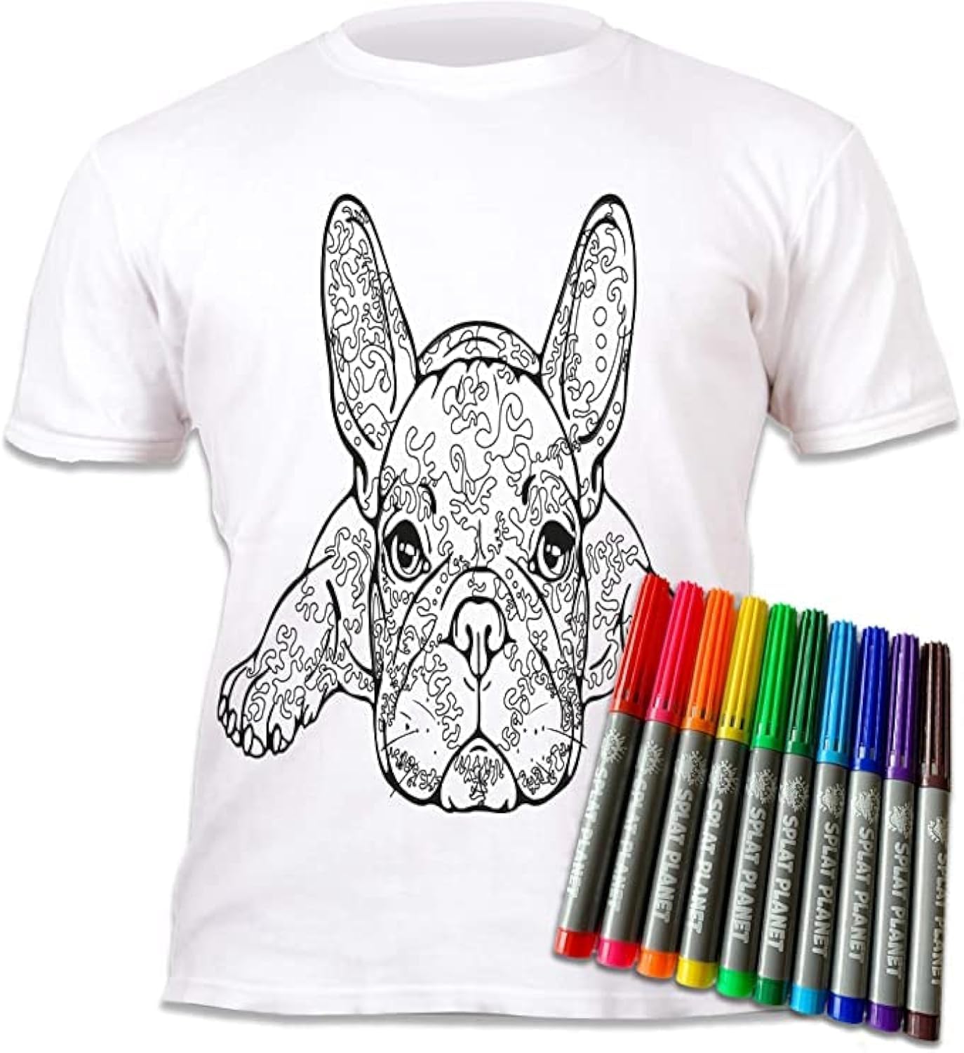 Splat Planet Colour-in French Bulldog Pop Art T-Shirt with 10 Non-Toxic Washable Magic Pens - Colour in and Wash Out T-Shirt (Age 9-11) White