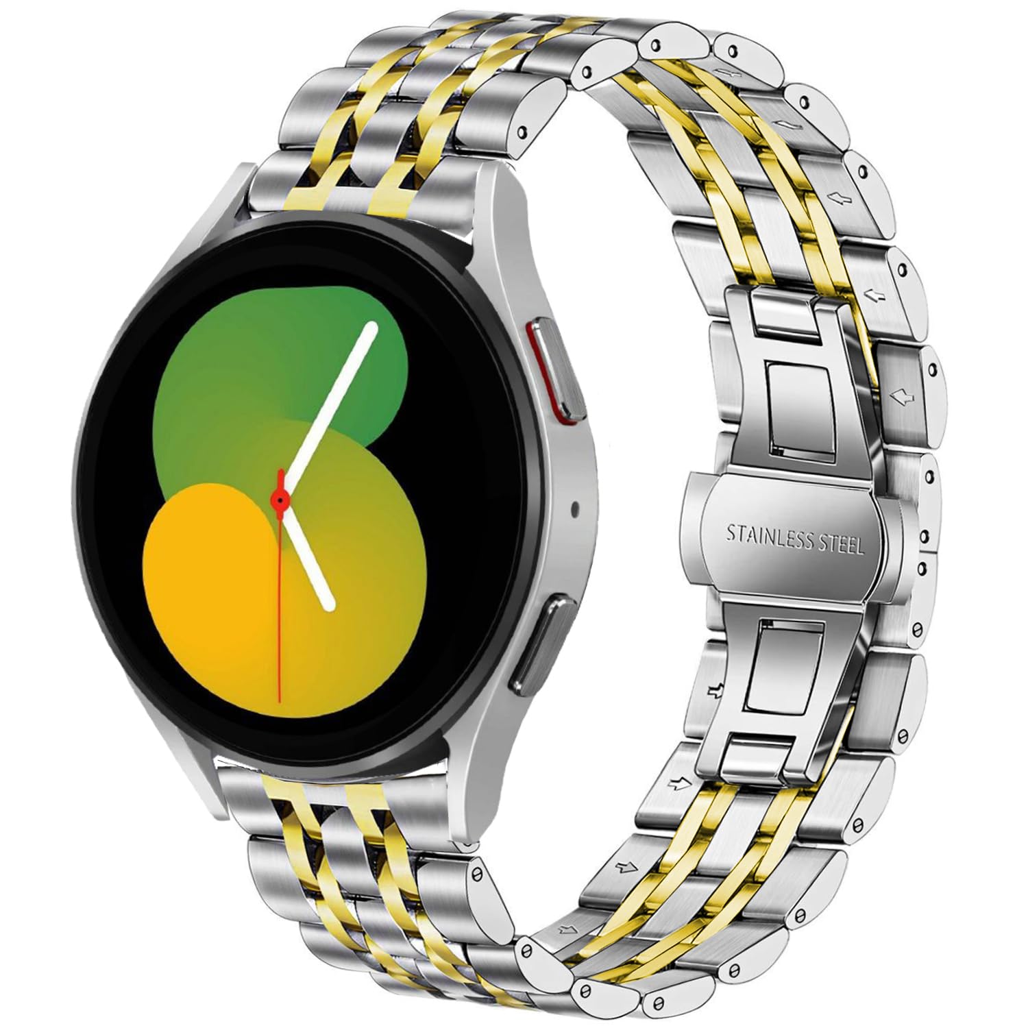 DEALELE Compatible with Samsung Galaxy Watch 6/6 Classic / 5/5 Pro/Galaxy Watch 4/4 Classic / 3 41mm, 20mm Stainless Steel Metal Replacement Strap for Huawei GT2 42mm / GT3 42mm, Silver-gold