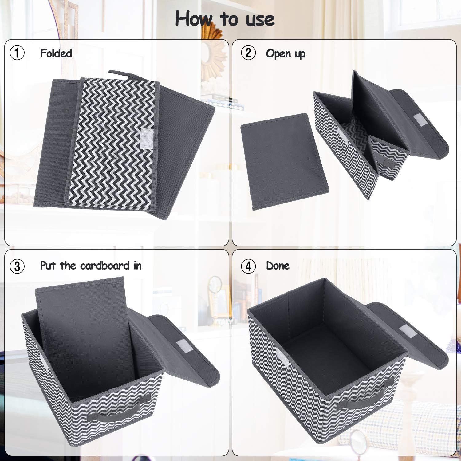 DIMJ 3 Pack Foldable Storage Boxes with Lids Collapsible Bin with Handle Fabric Basket Wardrobe Organiser Box for Clothes Toys - Image 5