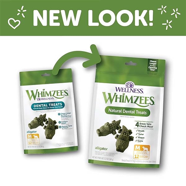 WHIMZEES WELLNESS ALLIGATOR DOG DENTAL TREATS, NATURAL CHEWS, MEDIUM SIZE, (12 COUNT)