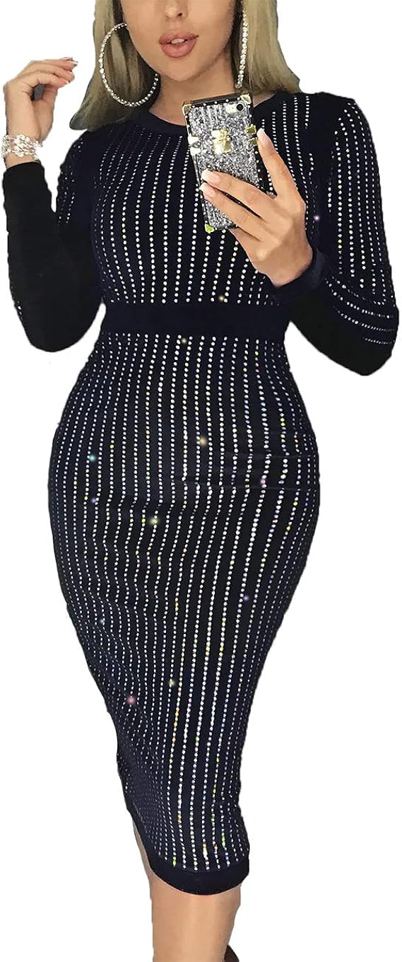 stripes binding long sleeve sequin party dress