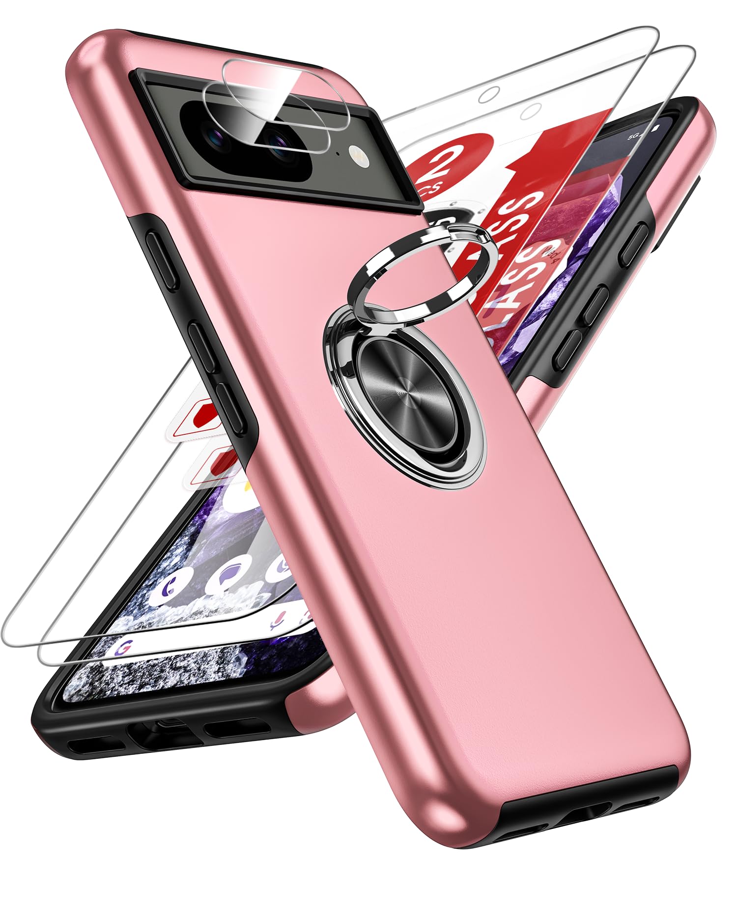 LeYi for Google Pixel 8 Case: and 2 Tempered Glass Screen Protector &2 Camera Lens Protector, with 360 Ring Holder Stand Magnetic Shockproof Heavy Duty Protective Phone Cover for Google Pixel 8 Pink