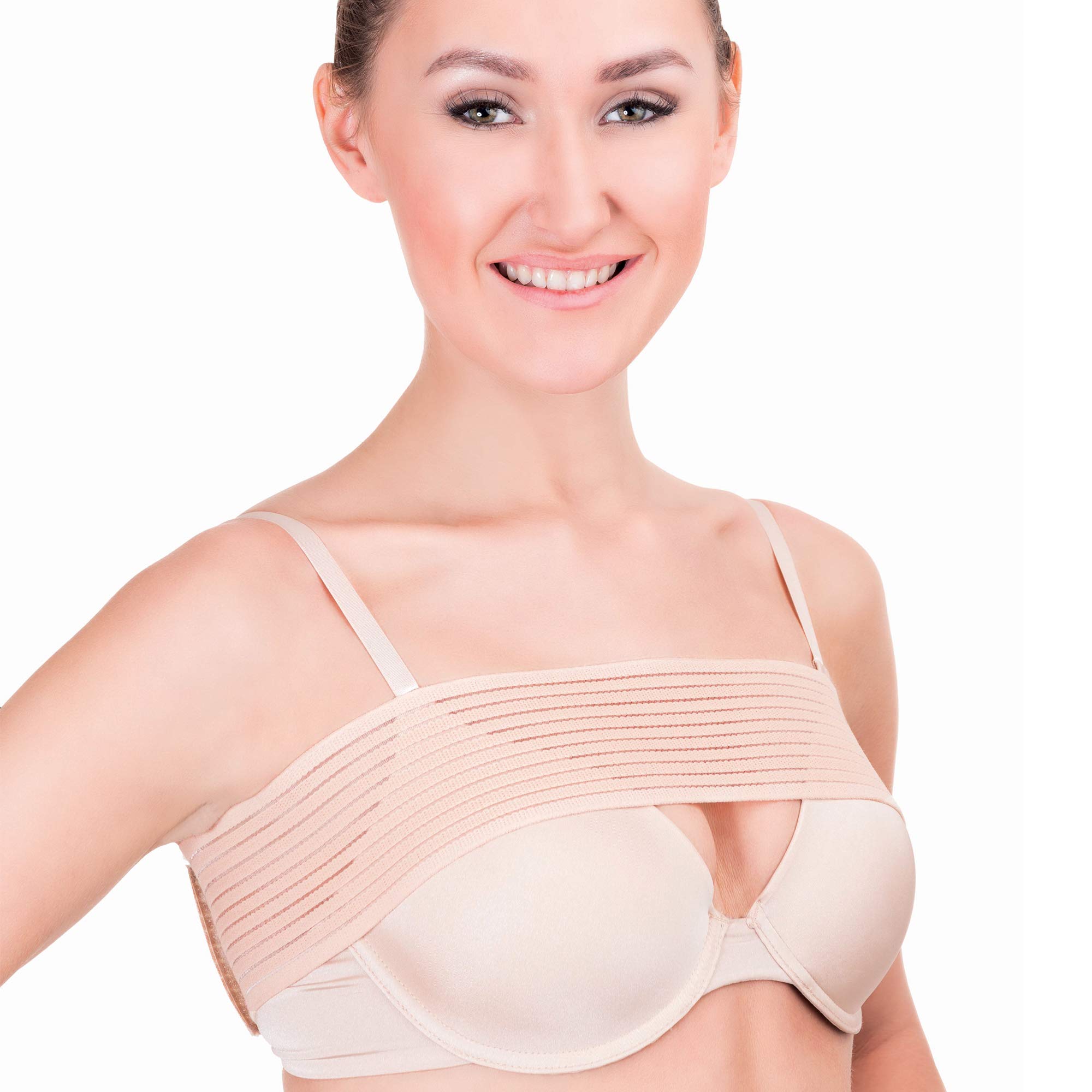 Post Surgery Breast Compression Support Strap Band - Breast Augmentation Implant Stabilizer and Sports Bra Alternative No Bounce Wrap Bandage (Black) (Beige)