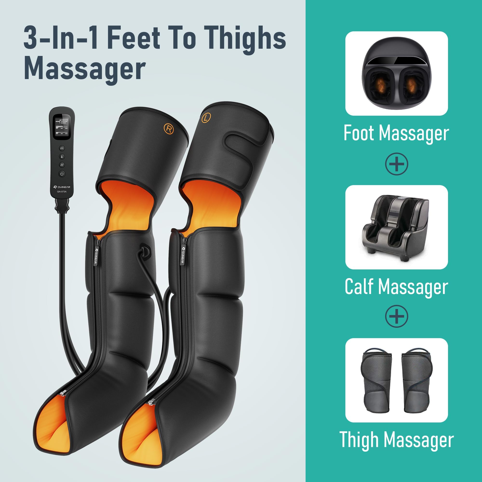 QUINEAR Leg Massager, 3-in-1 Foot Calf & Thigh Massager with Heat and Compression Therapy, Leg Massage Boots Gift for Swollen Legs, Edema, RLS Pain Relief, FSA-HSA Eligible