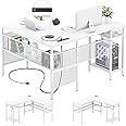 Unikito Magic Portable 4 Outlets L Shaped Desk, Reversible 55 Inch L-Shaped Computer Desk with Storage Shelf and USB Charging Port, Unique Grid Design, Large Gaming Corner Table for Home Office, White