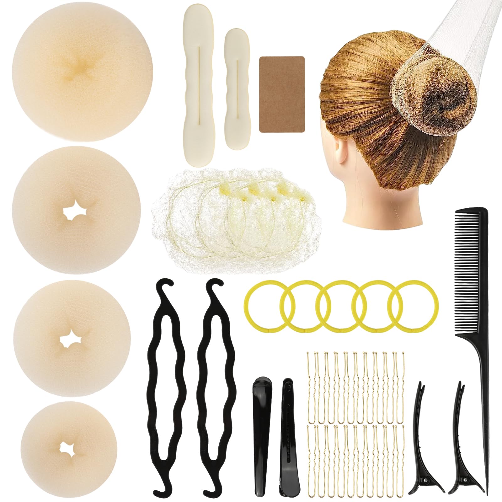 Jwogngls 39 Piece Hairstyle Aid Set, Bun Maker, Hair Net, Elastic Bands, U-Shape Hair Clips, Hairpins, Combs & Small Clips in Beige
