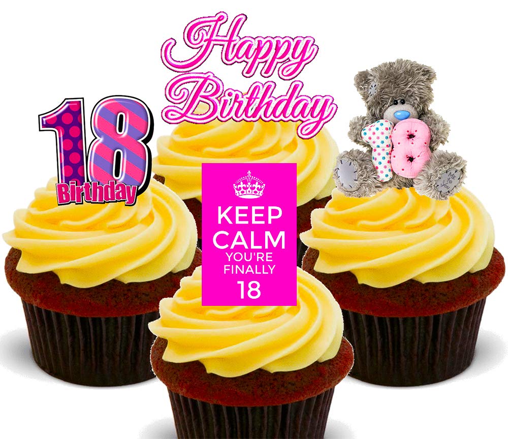 18th Birthday Girl,Pink Edible Cupcake Toppers - Stand-up Wafer Cake Decorations (Pack of 12)