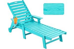 Serique Chaise Lounge Chair Outdoor with Wheels, Oversize Patio Lounge Chair with Wood Texture, 5-Position Plastic Lounge Chair for Poolside, Patio, Deck, Beach(Lake Blue)