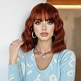 Earfodo Short Orange Wavy Wigs with Bangs Ginger Wig for Women 14Inch Curly Hair Synthetic Heat Resistant Dark Orange Costume Wig for Halloween Cosplay Daily Party Use