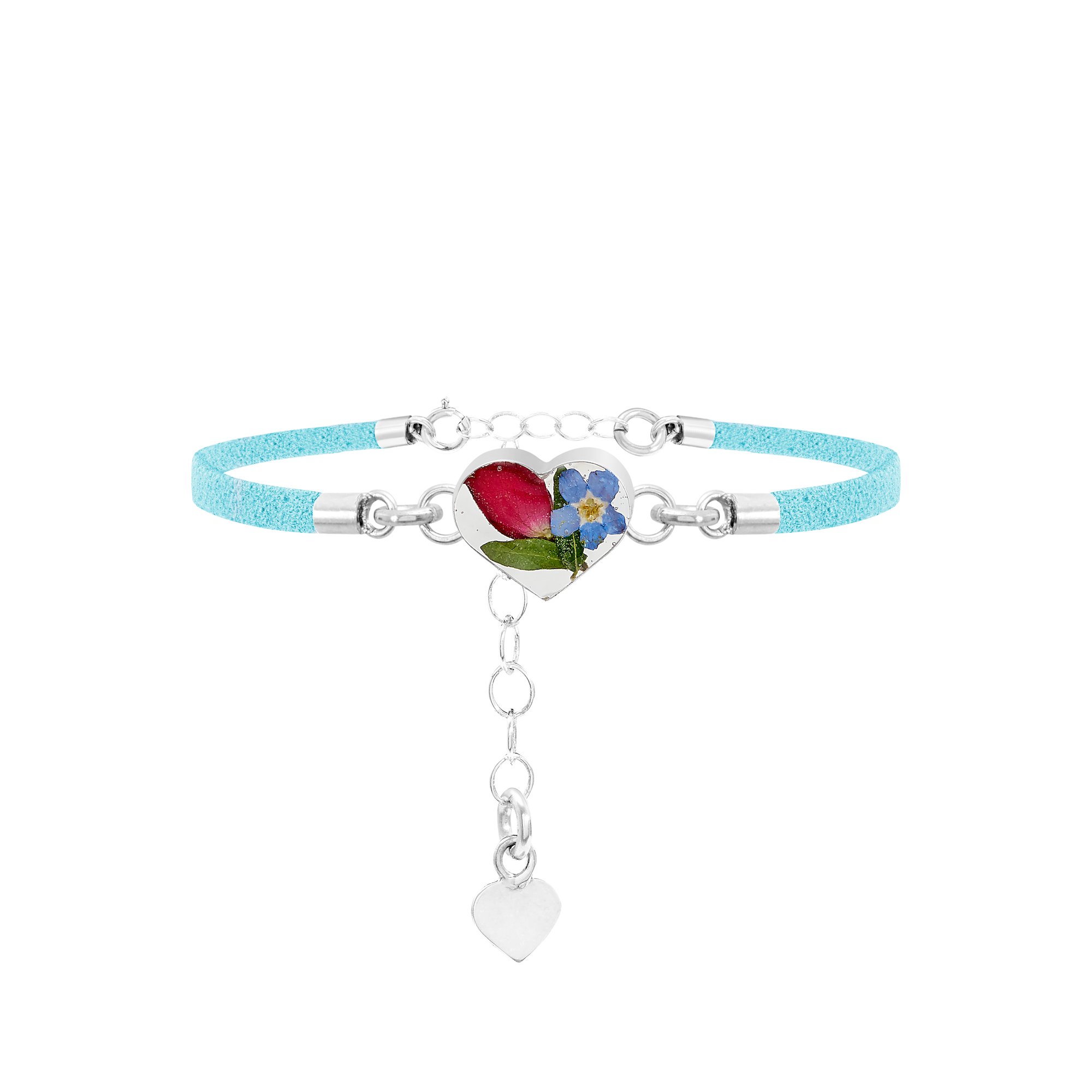 Shrieking Violet 925 Sterling Silver and Vegan Suede Heart Real Flower Bracelet - Assorted Flowers (Red)
