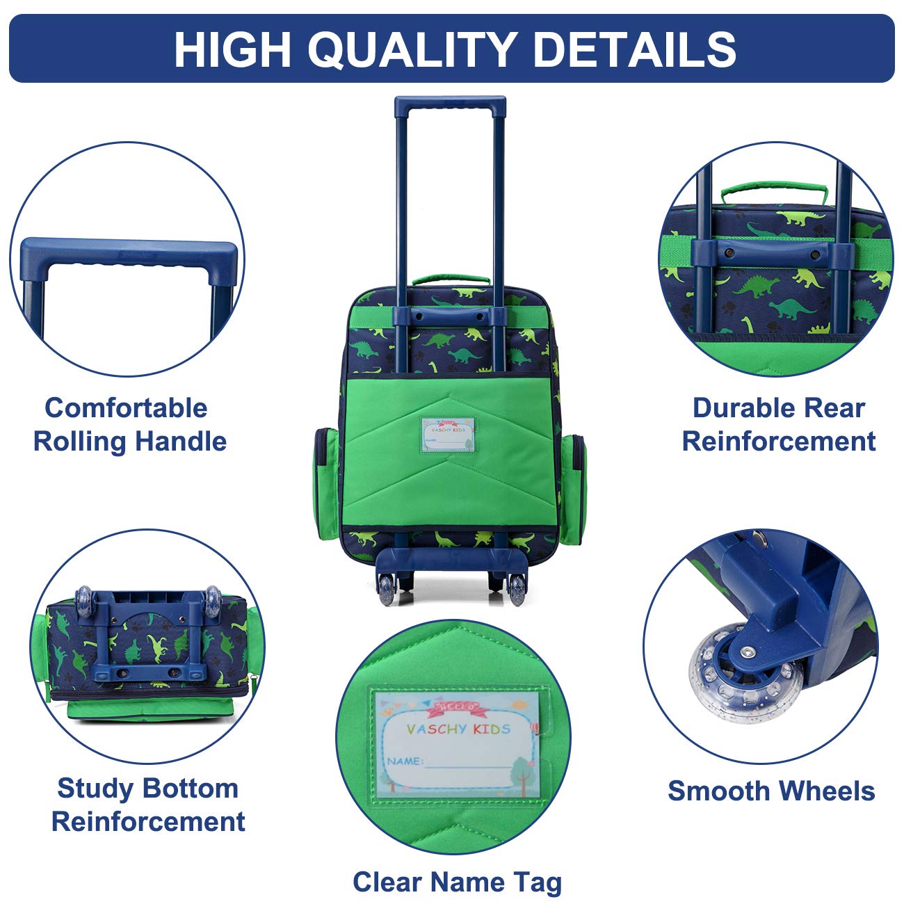 VASCHY Rolling Luggage for Kids, Cute Travel Carry on Suitcase for Boys Toddlers/Children with Wheels 18inch Dinosaur
